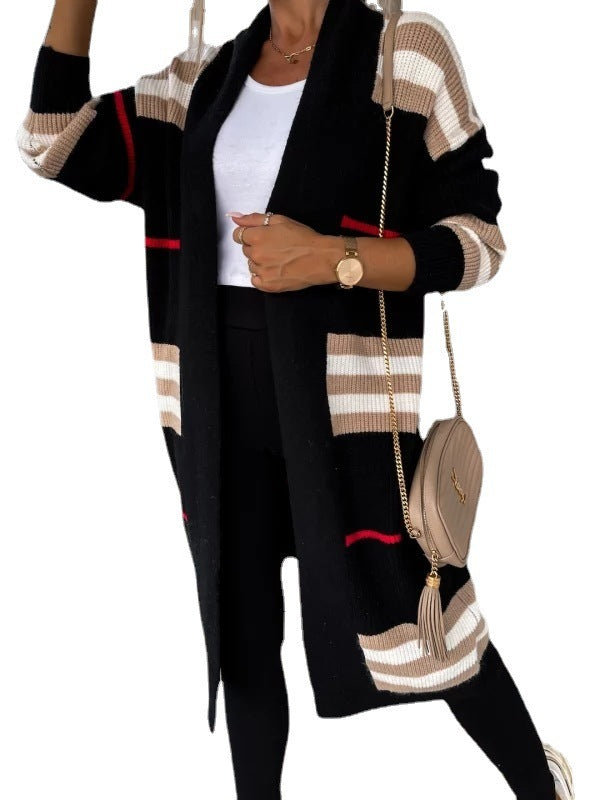 Women's Long Cardigan Striped European And American Style Women Knitted Sweater