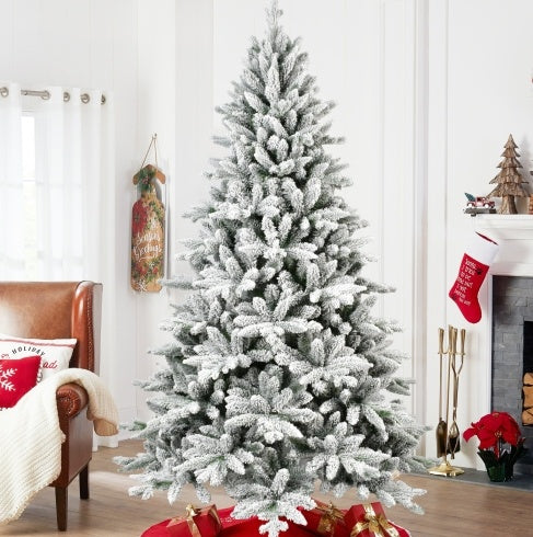 5FT PE&PVC Flocked Artificial Christmas Tree ,With 768 Branch Tips And Metal Stand,Foldable Fake Tree With Realistic Snowy Foliage For Home Decoration