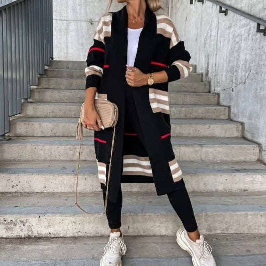 Women's Long Cardigan Striped European And American Style Women Knitted Sweater