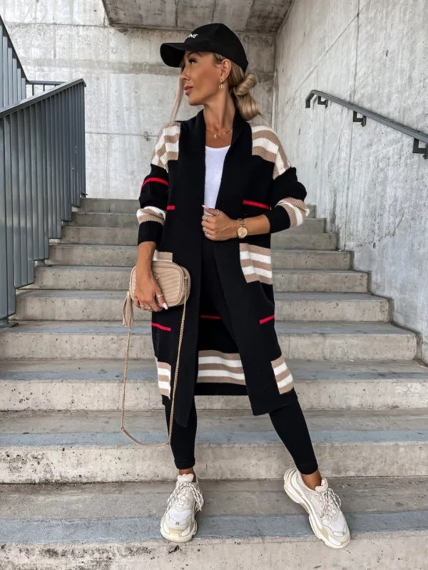 Women's Long Cardigan Striped European And American Style Women Knitted Sweater